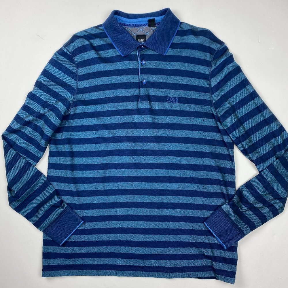 Hugo Boss Parma Long Sleeve Polo Shirt Mens XL Striped Blue Cotton Mesh
